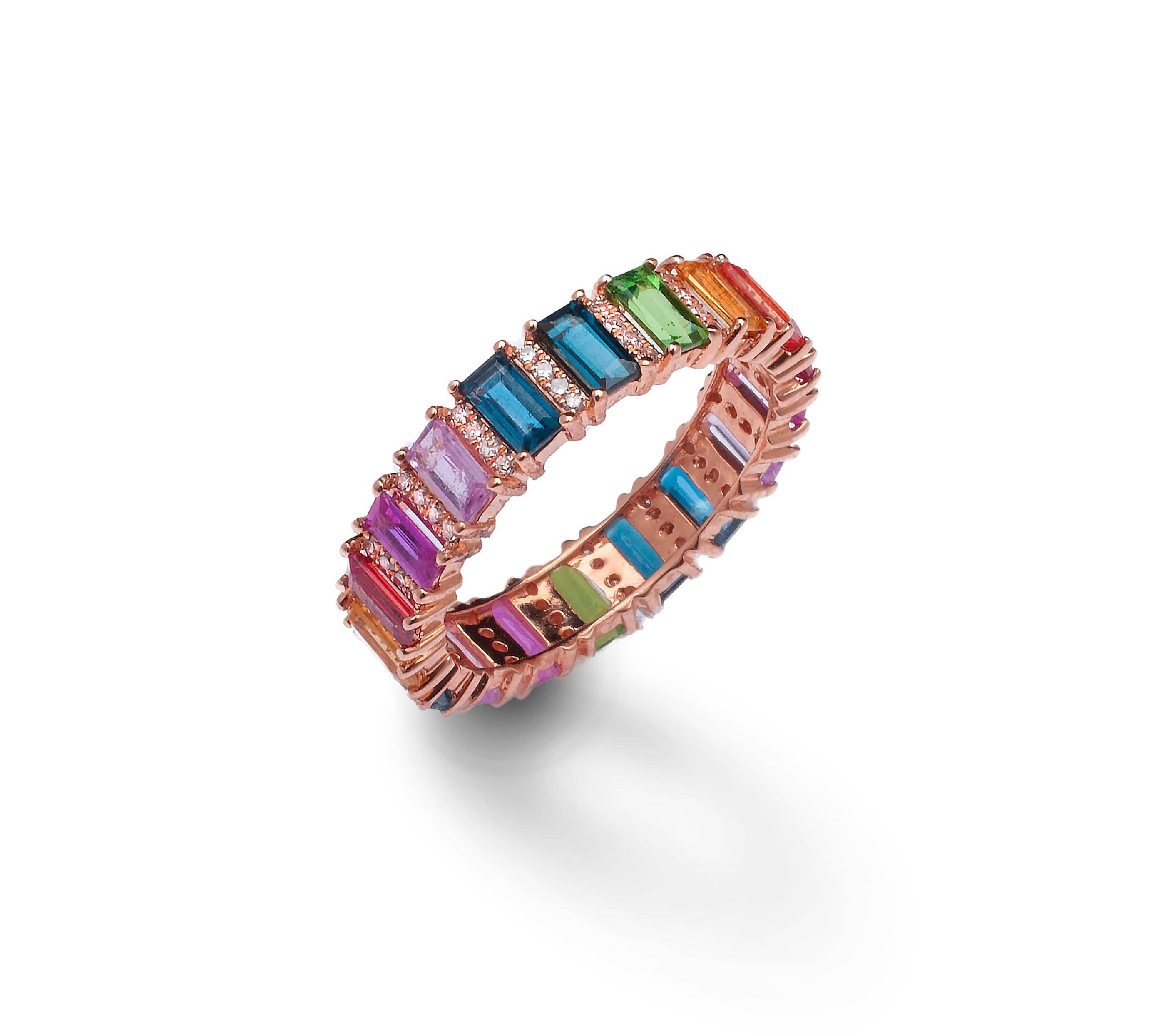 Rings 6 / Rose Gold Rainbow Sapphire and Diamond Eternity Ring