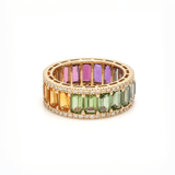 Rings 6 / Yellow Gold / 14K 14K or 18K Gold Cushion Cut Rainbow Sapphire and double Pave Diamond Eternity Band