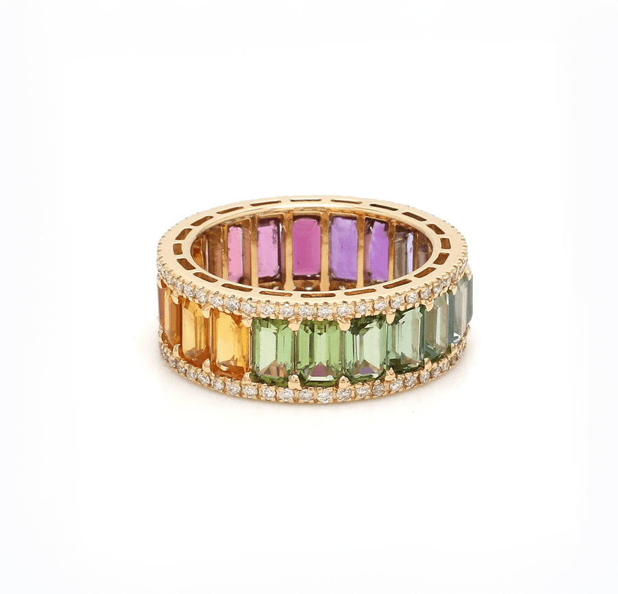 Rings 6 / Yellow Gold / 14K 14K or 18K Gold Cushion Cut Rainbow Sapphire and double Pave Diamond Eternity Band