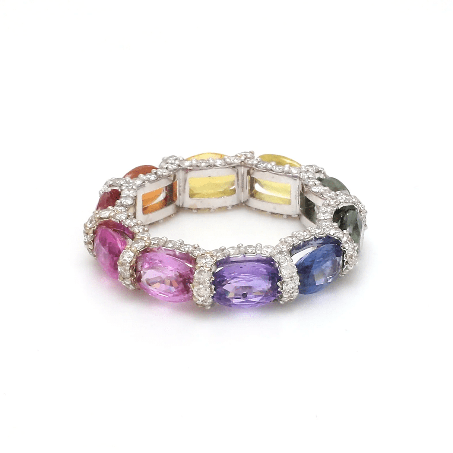 Rings 6 / Yellow Gold / 14K 14K or 18K Gold Oval East West Rainbow Sapphire and Pave 360 Diamond Eternity Band