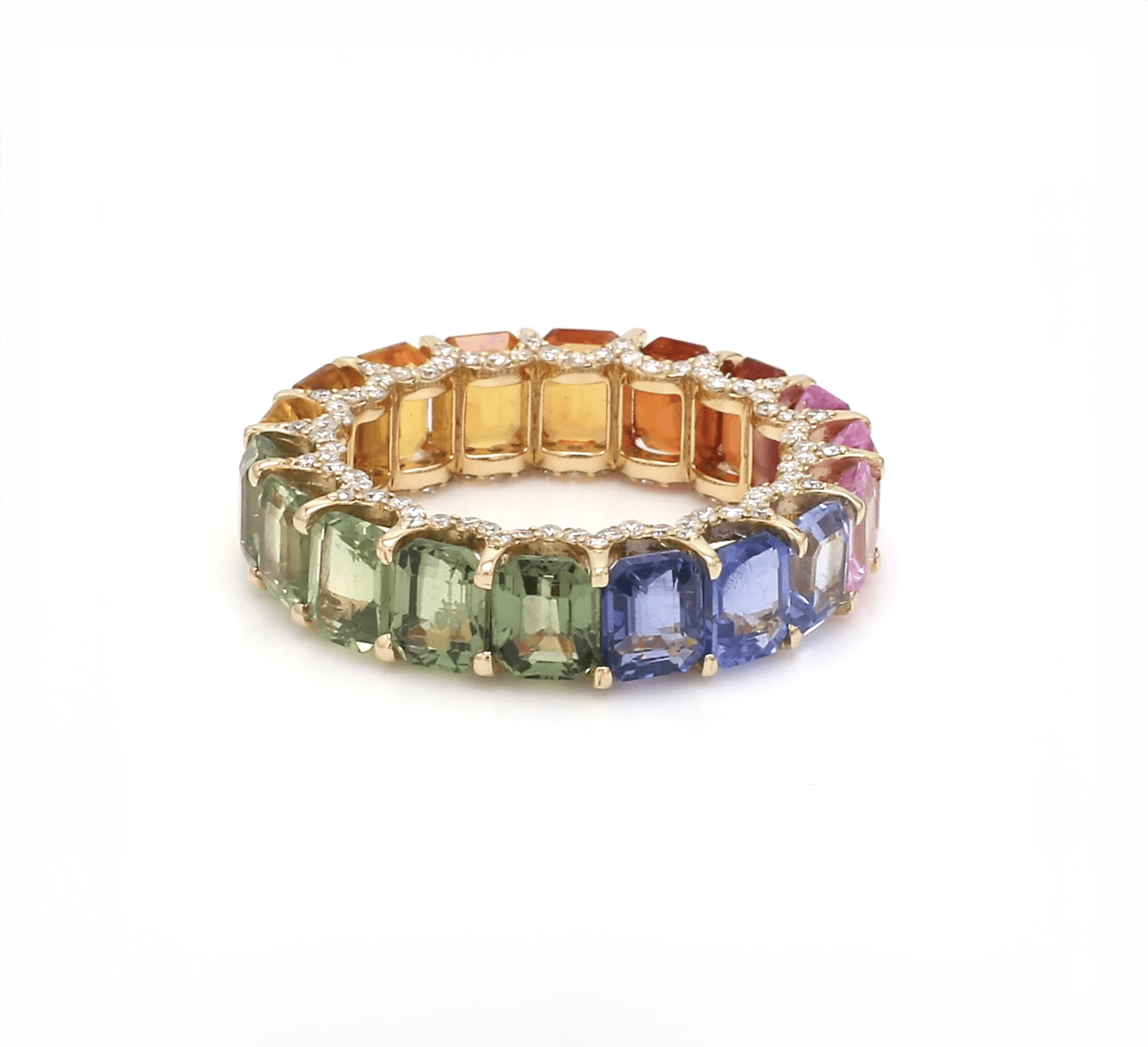 Rings 14K or 18K Gold Rainbow Sapphire and Pave Diamond Eternity Band