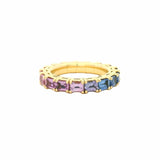 Rings XS:  size 4-7 / Yellow Gold / .6-.76 Carats Diamonds TW 18K Gold East West Stretch & Stack Emerald Cut Blue and Pink Sapphire Eternity Rings