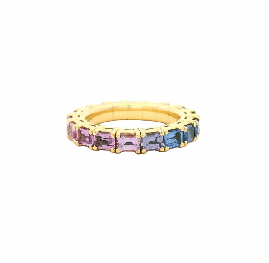 Rings XS:  size 4-7 / Yellow Gold / .6-.76 Carats Diamonds TW 18K Gold East West Stretch & Stack Emerald Cut Blue and Pink Sapphire Eternity Rings